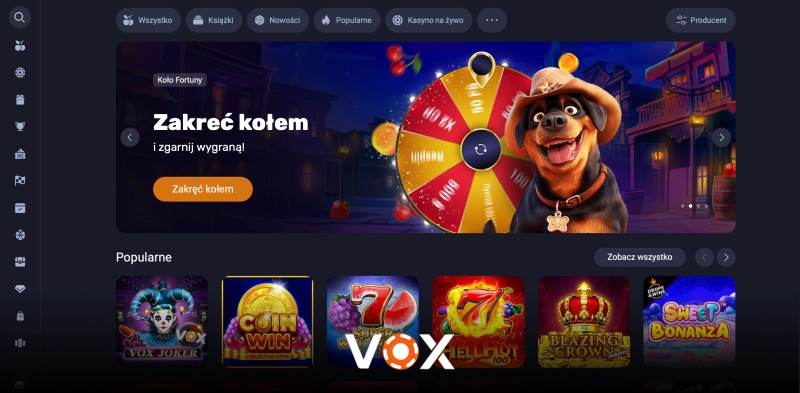 Interfejs Vox Casino z grami i bonusami