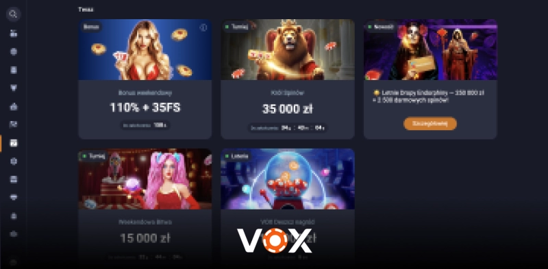 Interfejs Vox Casino pokazujący gry i opcje logowania